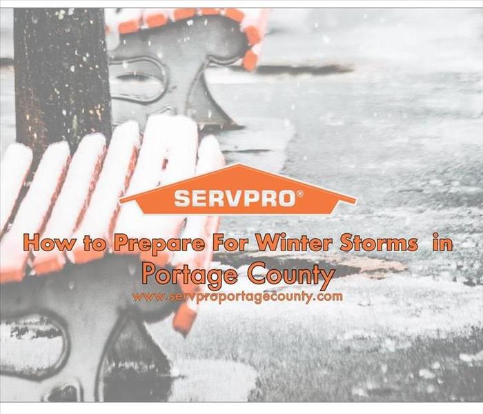 Orange SERVPRO house logo on a winter image with snow on a bench.  