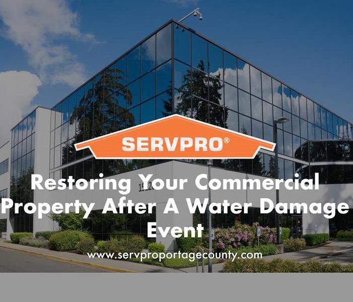 Orange SERVPRO house logo on image with business building in background. 