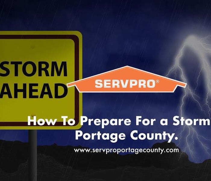 Orange SERVPRO  house logo on image with storm ahead sign. 